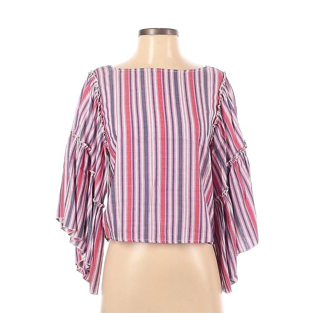 Romeo & Juliet Couture Womens Blouse Red Striped 3/4 Flutter Sleeve Rayon Boho M